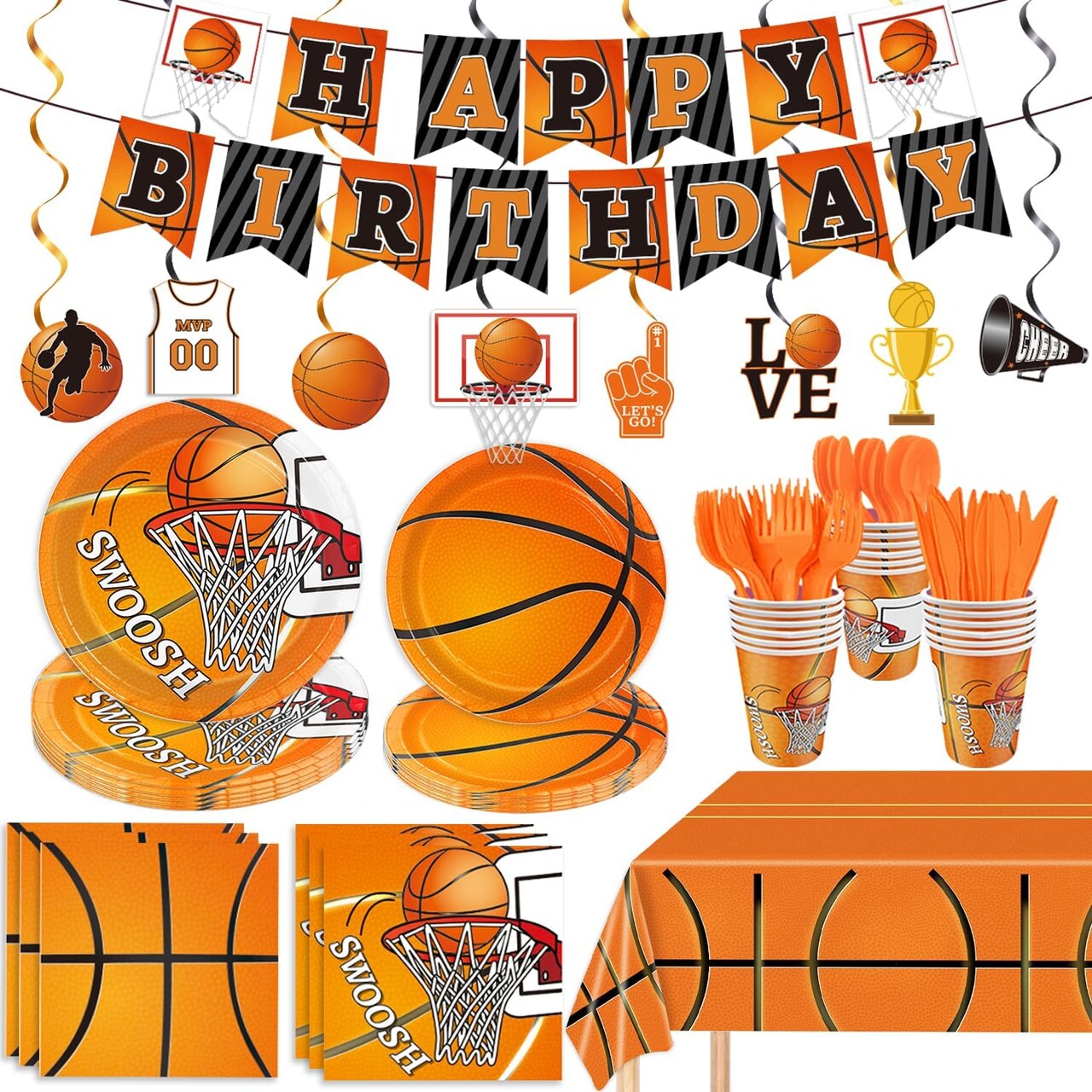 178 Pcs Basketball Theme Birthday Party Decorations Basketball Party Supplies Set Include Plates, Napkin, Cup, Fork, Knives, Spoon, Tablecloth, Banner for Kids and Adults, Serves 24 Guests